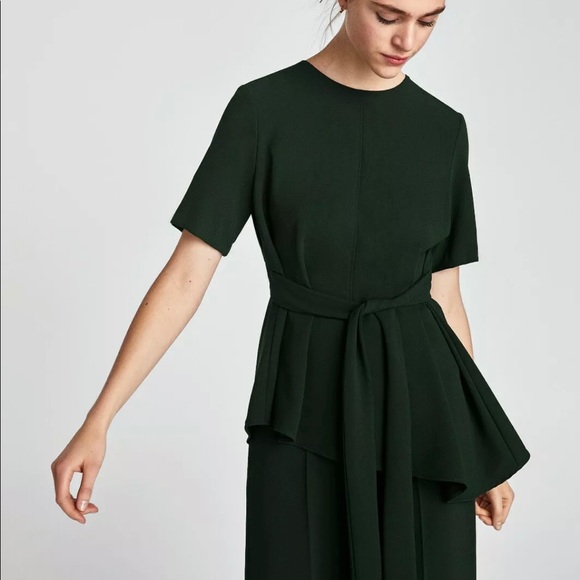 Zara | Tops | Nwt Zara Dark Green Asymmetrical Tie Front Top Xs | Poshmark